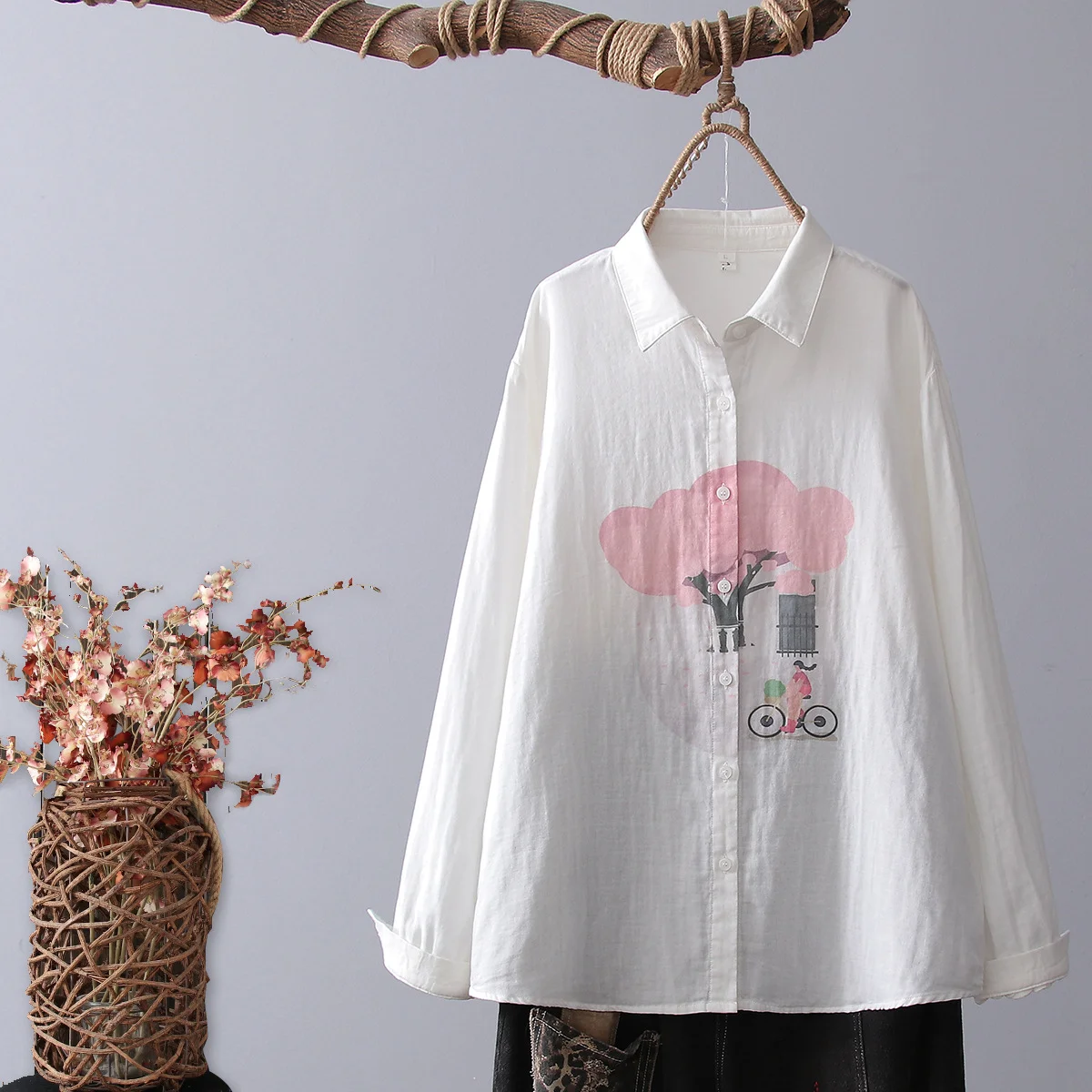 

100% Cotton Yarn Shirt Mori Girls Japan Style Harajuku y2k Fashion Long Sleeve White Cartoon Tree Blouses Women Tops