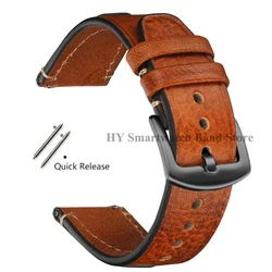 Vintage Leather Quick Release Waterproof Sport Wristband with Stitching Cowhide - 22mm (RedBrown - Black)