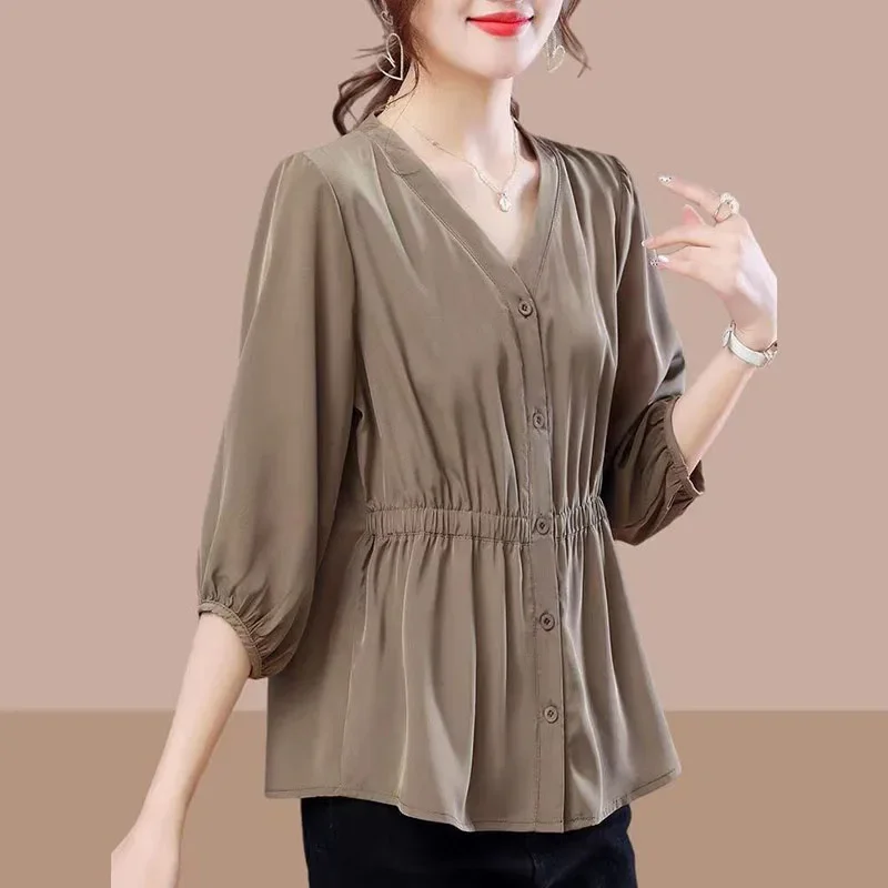 

Fashion V-Neck Solid Color Shirring Lantern Sleeve Shirts Women's Clothing Summer New Loose Casual Tops Commuter Blouses L113