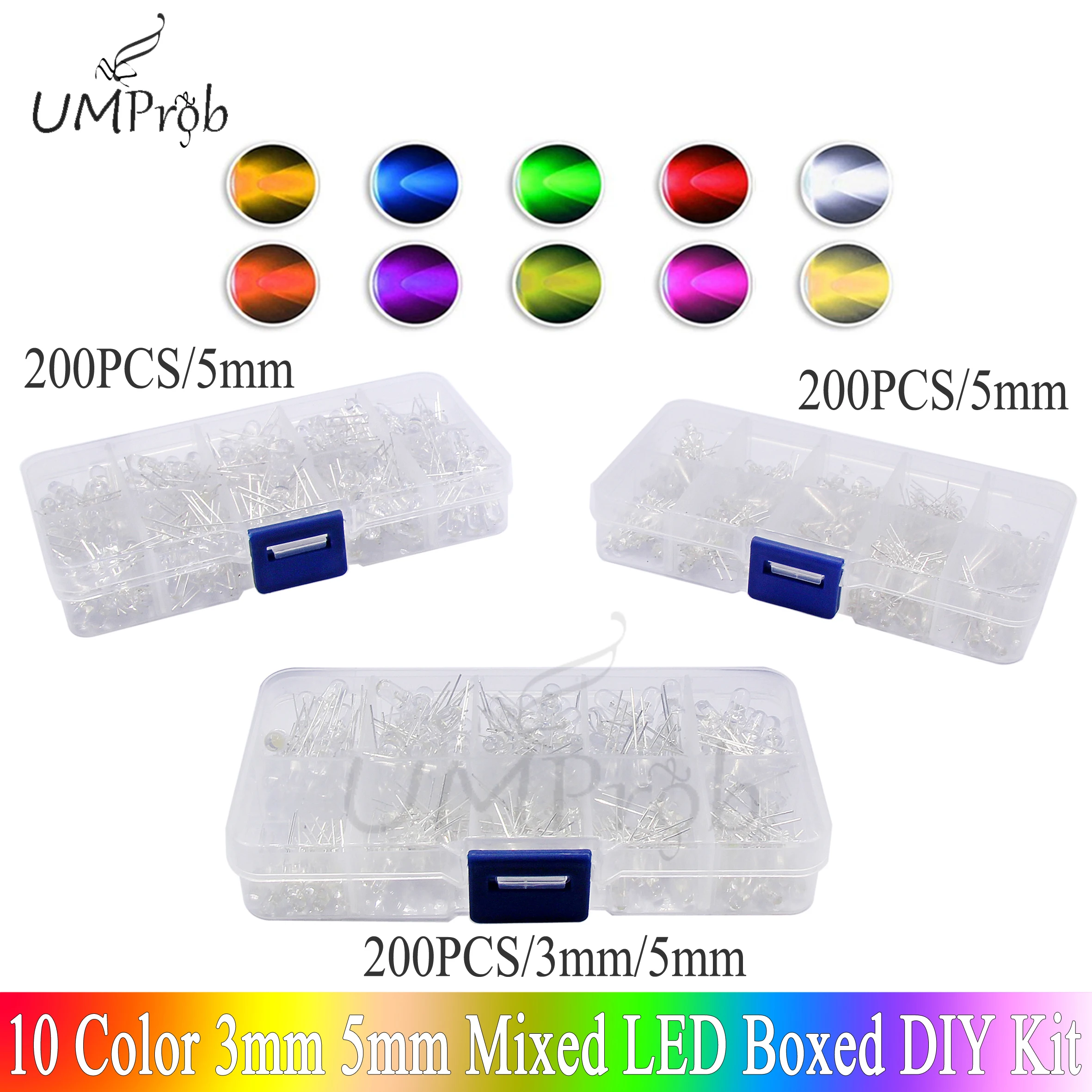 LED Diode Assorted Kit 3mm 5mm White Green Red Blue Yellow Orange F3 F5 Light Emitting DIY Electronic
