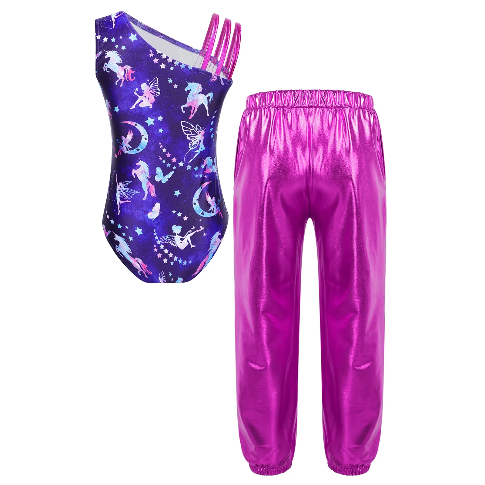 Kids Girls Dance Performance Set Asymmetrical Shoulder Straps Printed Patchwork Leotard with Pants for Gymnastics Competition