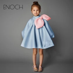 ENOCH Cute High Neck Flower Girl Dresses Long with Shoulder Bow Baby Kids Birthday Dress Lantern Girls Custom Gowns Summer New