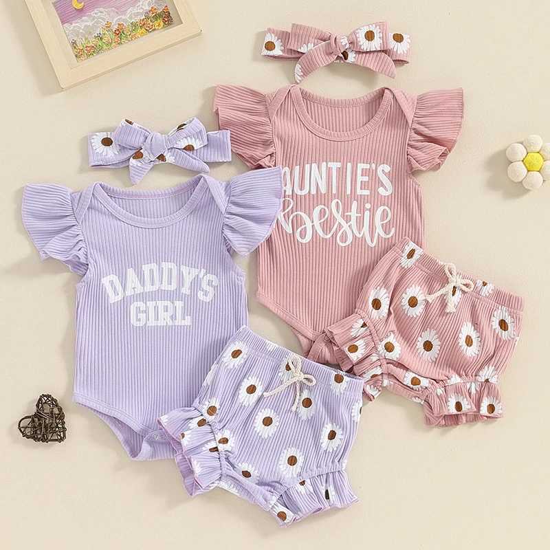 

2024-01-20 Lioraitiin 0-18M Baby Girls Summer Shorts Sets Flying Sleeve Letter Print Romper Floral Shorts Headband Sets