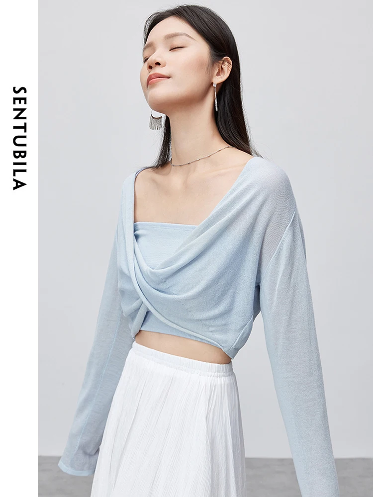 SENTUBILA Casual Cropped V-neck Knitted Pullovers 2024 Summer Fashion Loose Thin Soft Long Sleeve Top Woman Clothing W42H55450 4