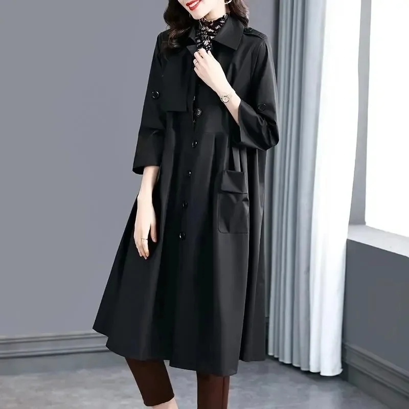 3XL Female Windbreaker Coat Women's Spring 2023 New High End Loose Style Slim Autumn Mid length Coat Women Pocket Pleating Coat
