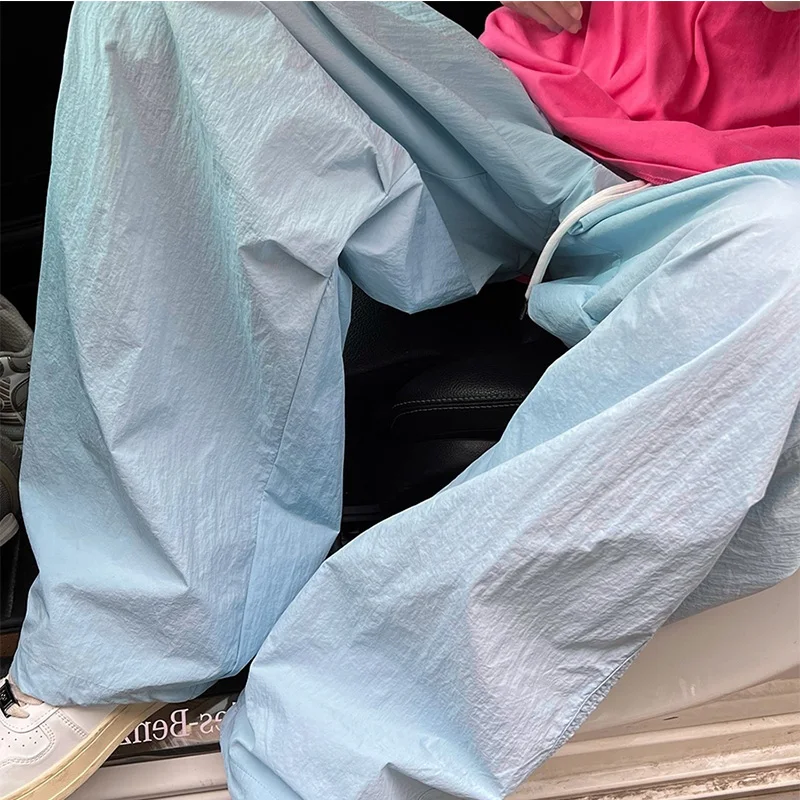 2024 New Summer Korean Style Retro Loose Casual Oversized Women's Clothing Solid Color Drawstring Pockets Folds Chic Y2K Pants