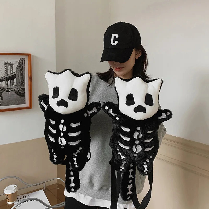 Kawaii Black Devil Skeleton Plush Backpack Horror Monster Gothic Skull Female Winter Fuffy Bag For Girl Boy Travel Birthday Gift