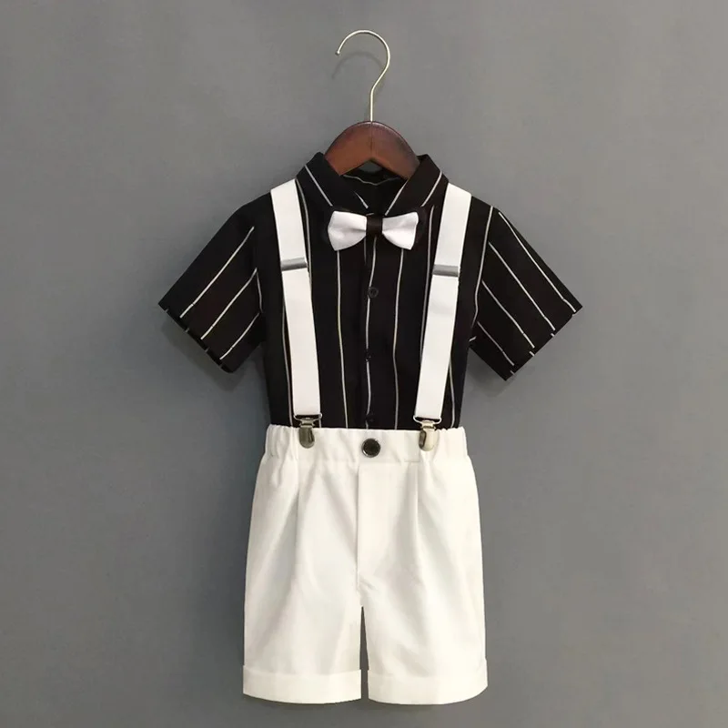 Summer Boys Strap Dress Suit Set New Children's Kindergarten Performance Piano Host Costume Kids Shirts Shorts Bowtie Clothing kids clothes