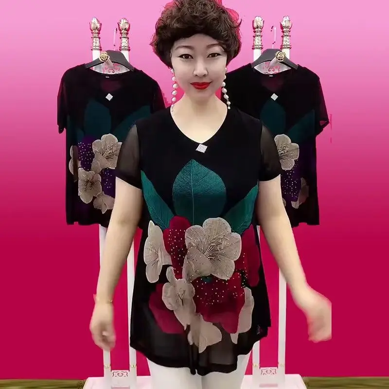 

Блузка женская с круглым вырезом, Элегантная короткая Повседневная Свободная рубашка с принтом, топ с коротким рукавом, большие размеры, Q903, на лето