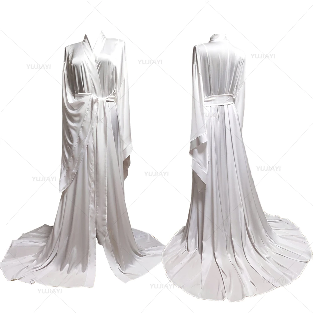 

White Silk Bathrobe for Women Long Kimono Robes Boudoir Bridal Robe Maternity Dressing Gown Lingerie Sleepwear Nightgown Pajamas