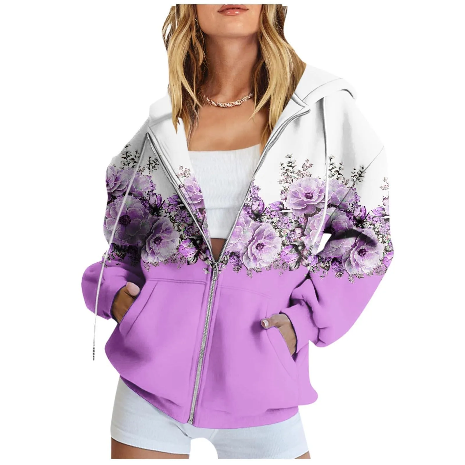 Casual Hoodie Women Fall Fashion Long Sleeve Floral Print Zip up