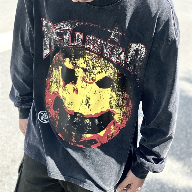 

Hellstar Long Sleeved T-Shirt Vintage Wash Old Personalized Print High Street Men's And Women's Long Sleeved T-Shirt