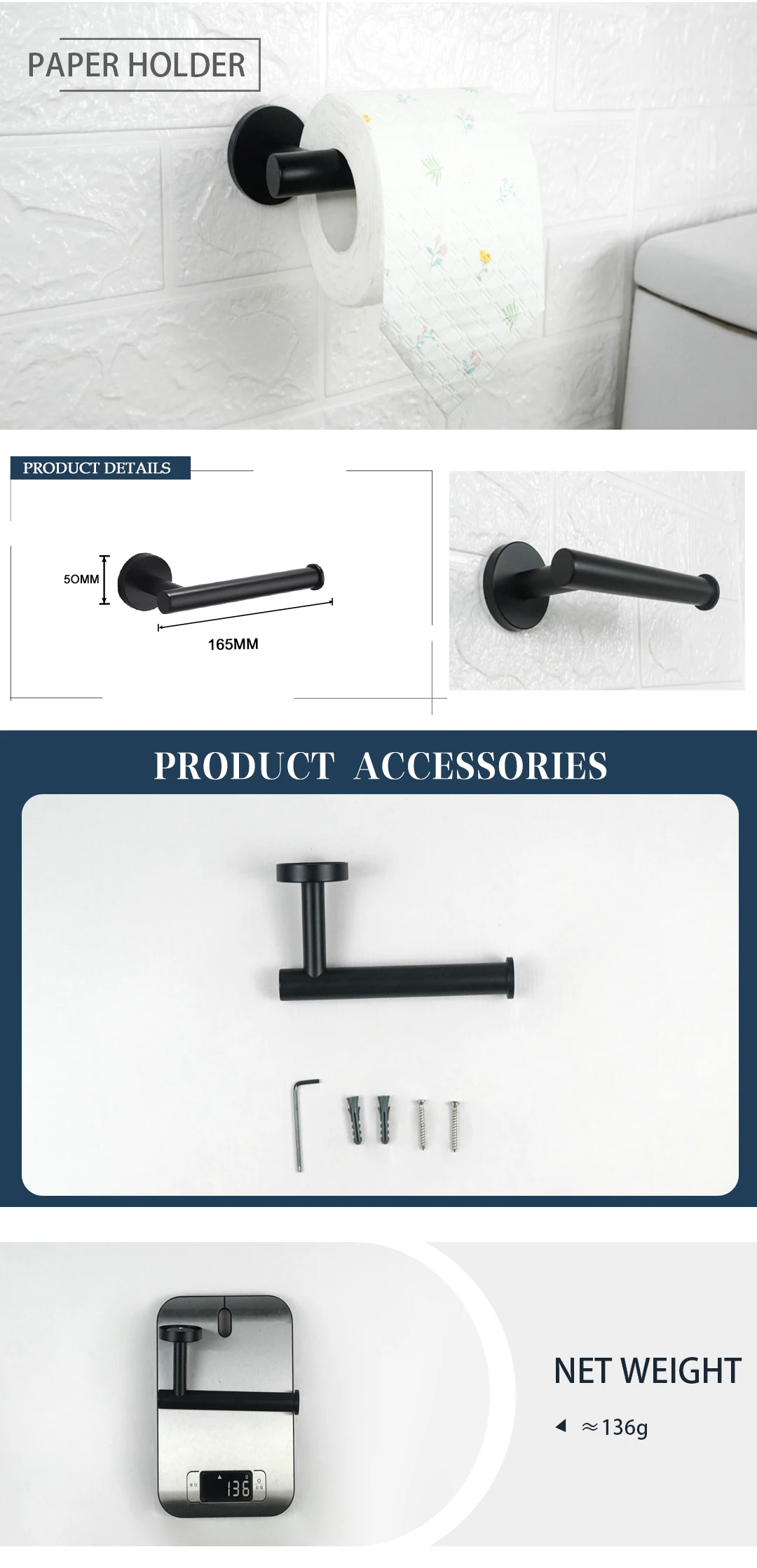 Description Picture 5 of itemMatte Black 4-Piece Set Bathroom Accessories 304 Stainless Steel Wall Mount Toilet Paper Holder Towel Bar Ring Robe Hook