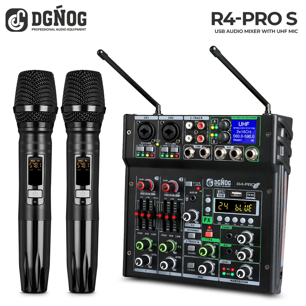DGNOG R4-PRO S UHF 2채널 무선 마이크 오디오 믹서(USB 및 블..