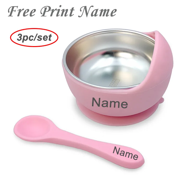 3Pcs Set Baby Feeding Bowl Spoon Stainless Steel Bowl Personalized Name Tableware For Kids Suction Cup Baby Supply baby tableware set,children feeding tray