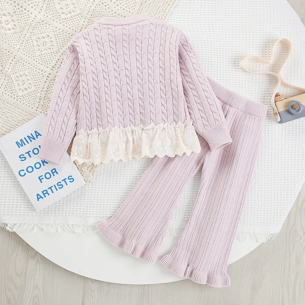 Girls Autumn Knit Sweater Set with Lace and Flower Details