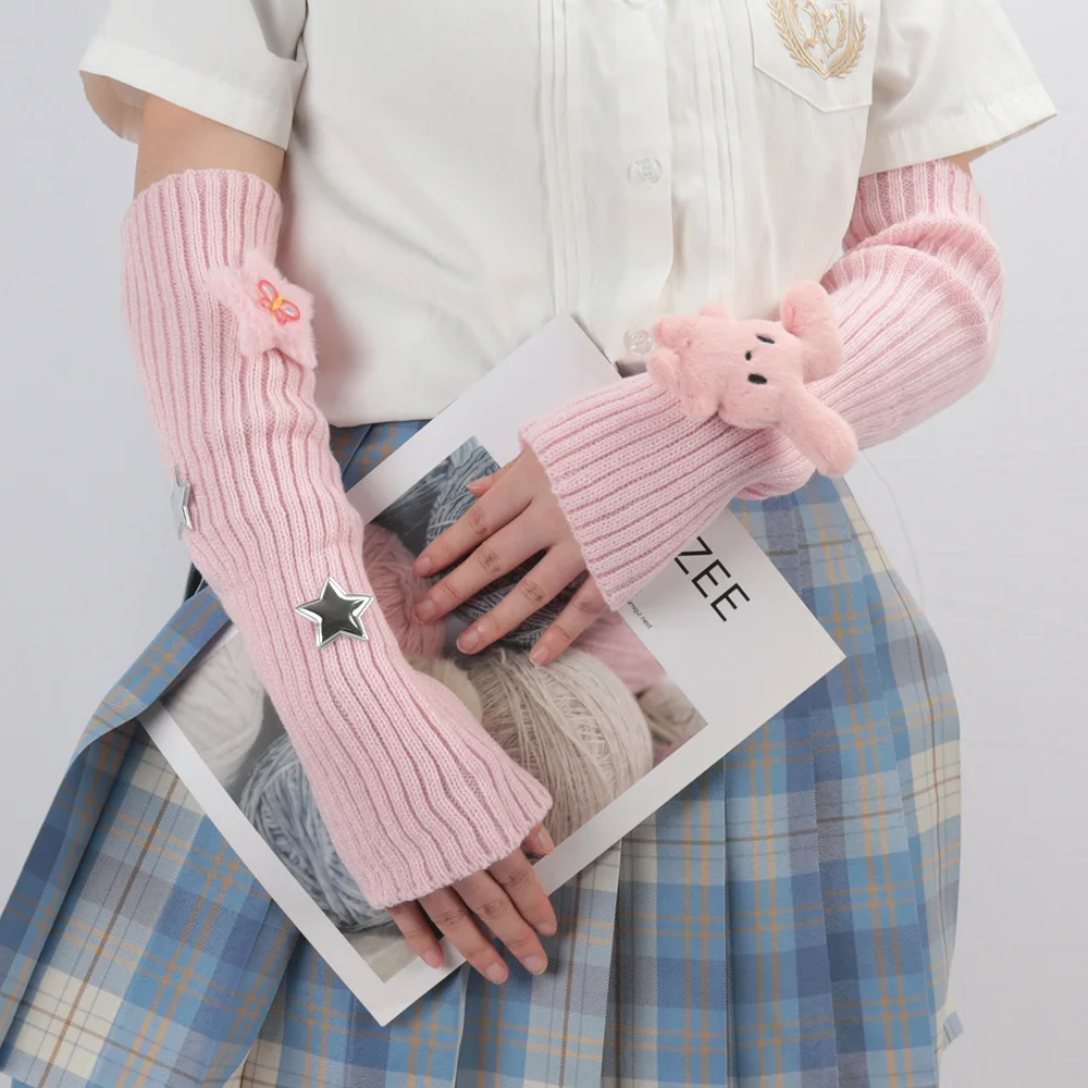 Fingerless Gloves 1 Pair Korean Long Cute Fingerless Gloves Women Mitten Arm Warmer Kawaii Knitted Sleeve Girls Anime Clothes Lolita Soft Gloves