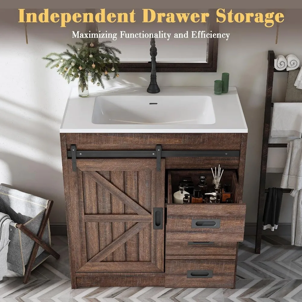 31 Inch Farmhouse Sliding Barn Door Bathroom Sink with Sink Combination, Drawers and Metal Handles 5