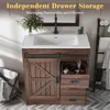 31 Inch Farmhouse Sliding Barn Door Bathroom Sink with Sink Combination, Drawers and Metal Handles 5
