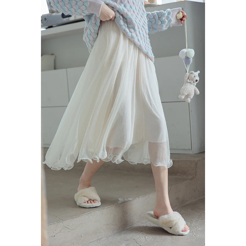 

ZCSMLL White gauze skirt in the spring of 2022 New vintage korean fashion sweet fairy skirt medium length skirt A-line skirt