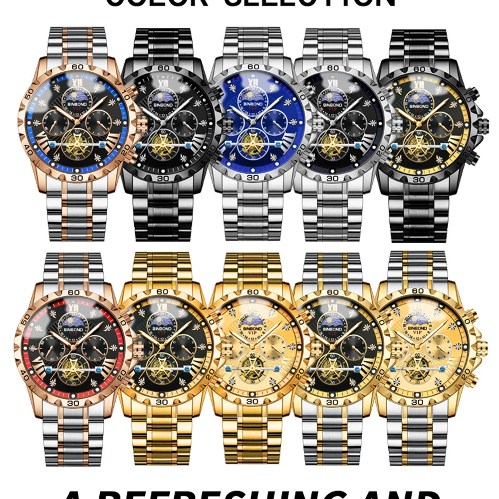BINBOND Lurury Men's Watches Trend Fashion Original Quartz Watch for Man Flywheel Style Chronograph Waterproof Moon Phase Dress - Image 6