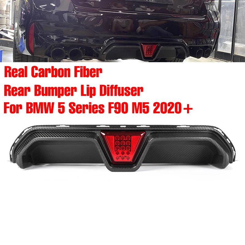 실제 탄소 섬유 자동차 후면 범퍼 디퓨저 립 턱 바디 키트 W/ Led 브레이크 라이트, BMW 5 시리즈 F90 M5 경쟁 2020 +