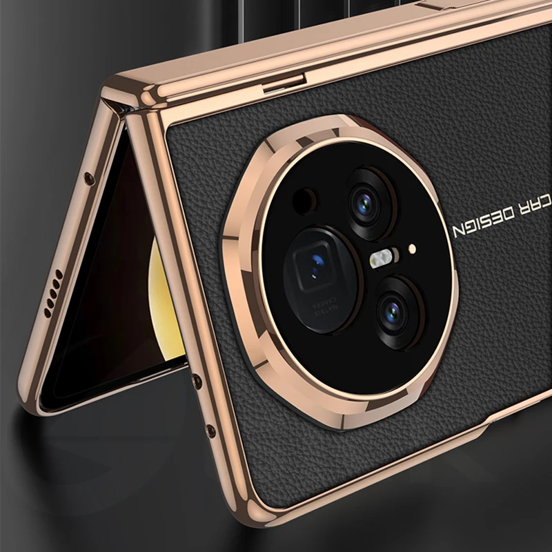 Luxury Plating Leather Screen Glass Case For Honor Magic V3 Magnetic Hinge Brack