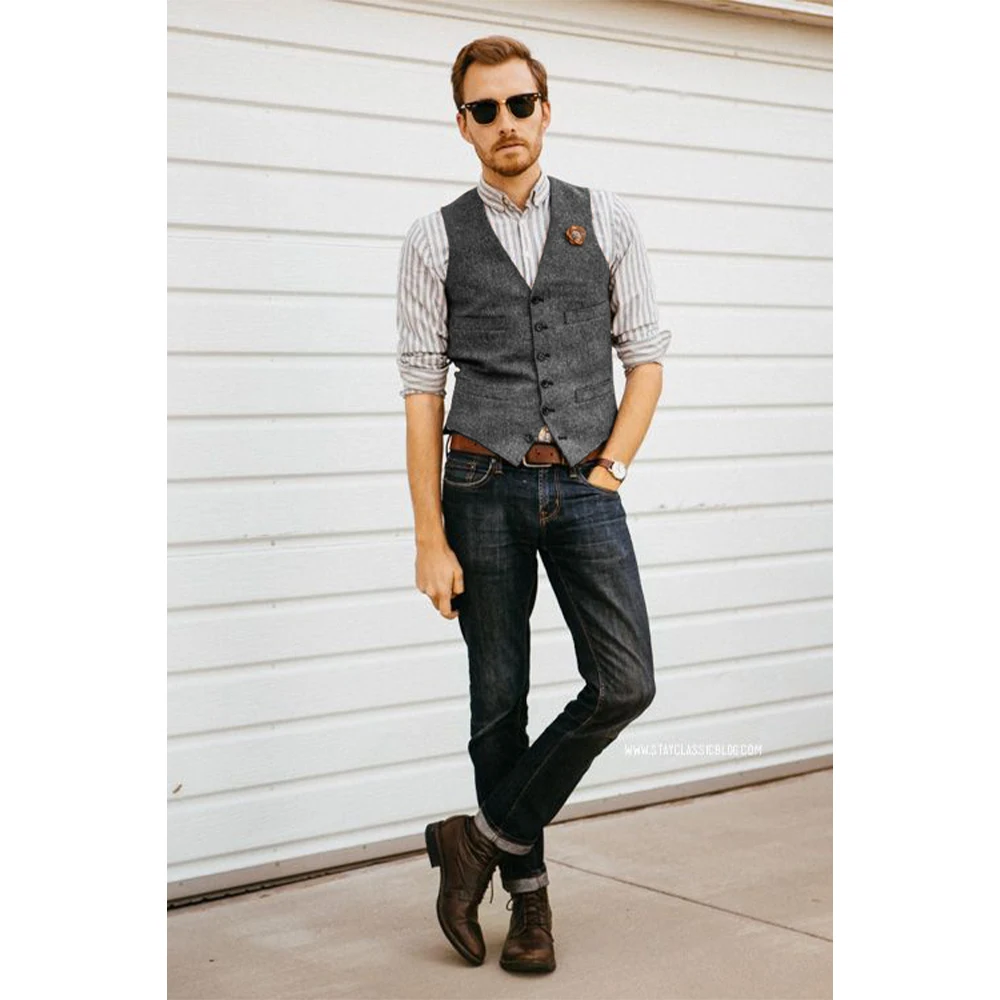 Man Vintage Vest Suit for Wedding Groomsman Vests Single Breasted Retro Sleeveless Jacket Elegant Herringbone Tweed Waistcoat