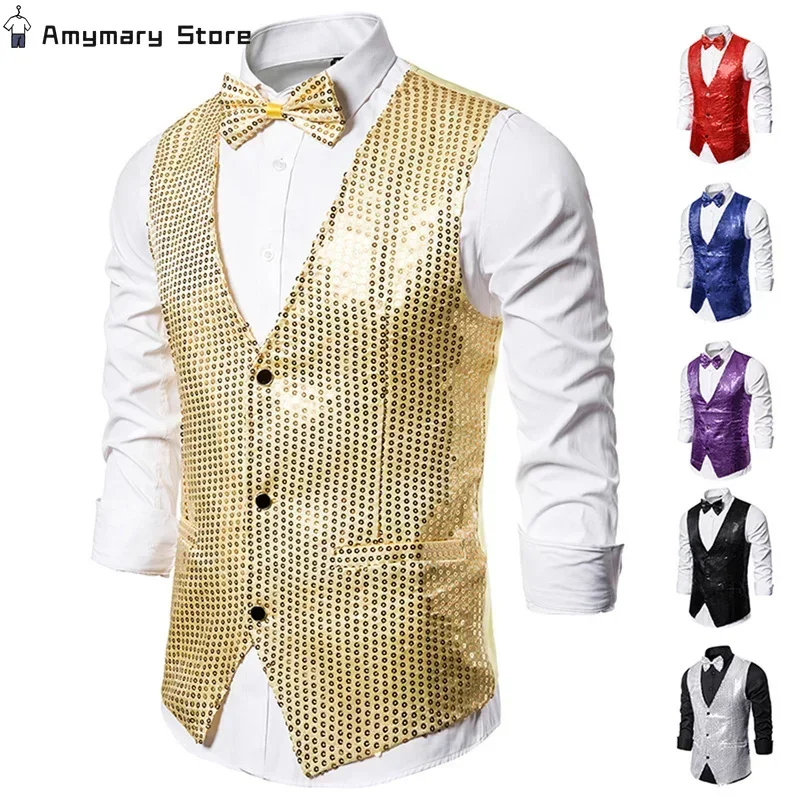 Men's Vest V-neck Sequined Dress Sleeveless Coat with Butterfly Wedding Groom's Dress Slim Suit Vest Party Performance Costume