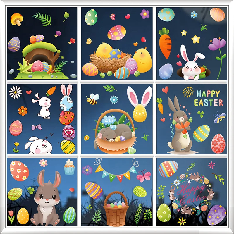 Wall Stickers Window Stickers 9 Sheets Easter Bunny Egg Electrostatic Stickers for Window Glass Refrigerator Home Decoration Easter Decals