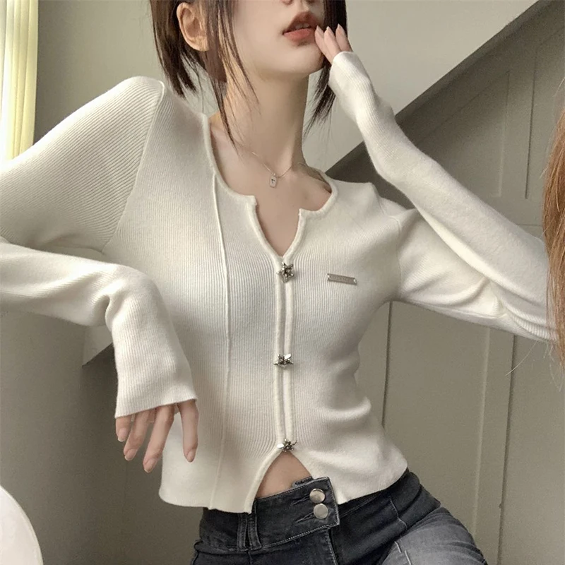 

Korean Fashion Black Ribbed Zip-up Cardigans Casual Turn-down Goth Collar Long Sleeve Autumn Sweater Sexy Cropped Tops Knitting