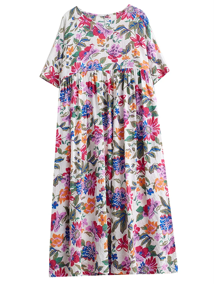 2025 Summer Cotton Vintage Casual Loose Print Dresses For Women Holiday Beach Dress Femme Robe Vestidos Elegant Long Clothing