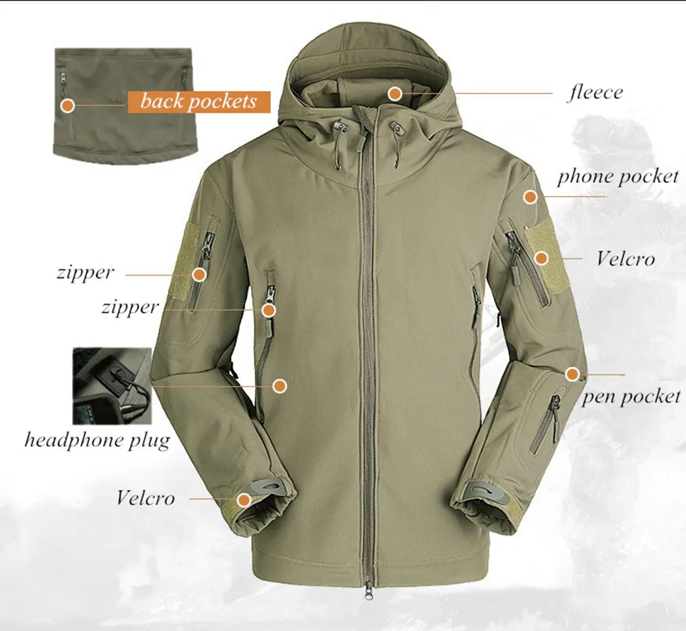 Chaqueta táctica de piel de tiburón para hombre, abrigo impermeable a prueba de viento, térmico, militar, para senderismo, 5XL, 6XL