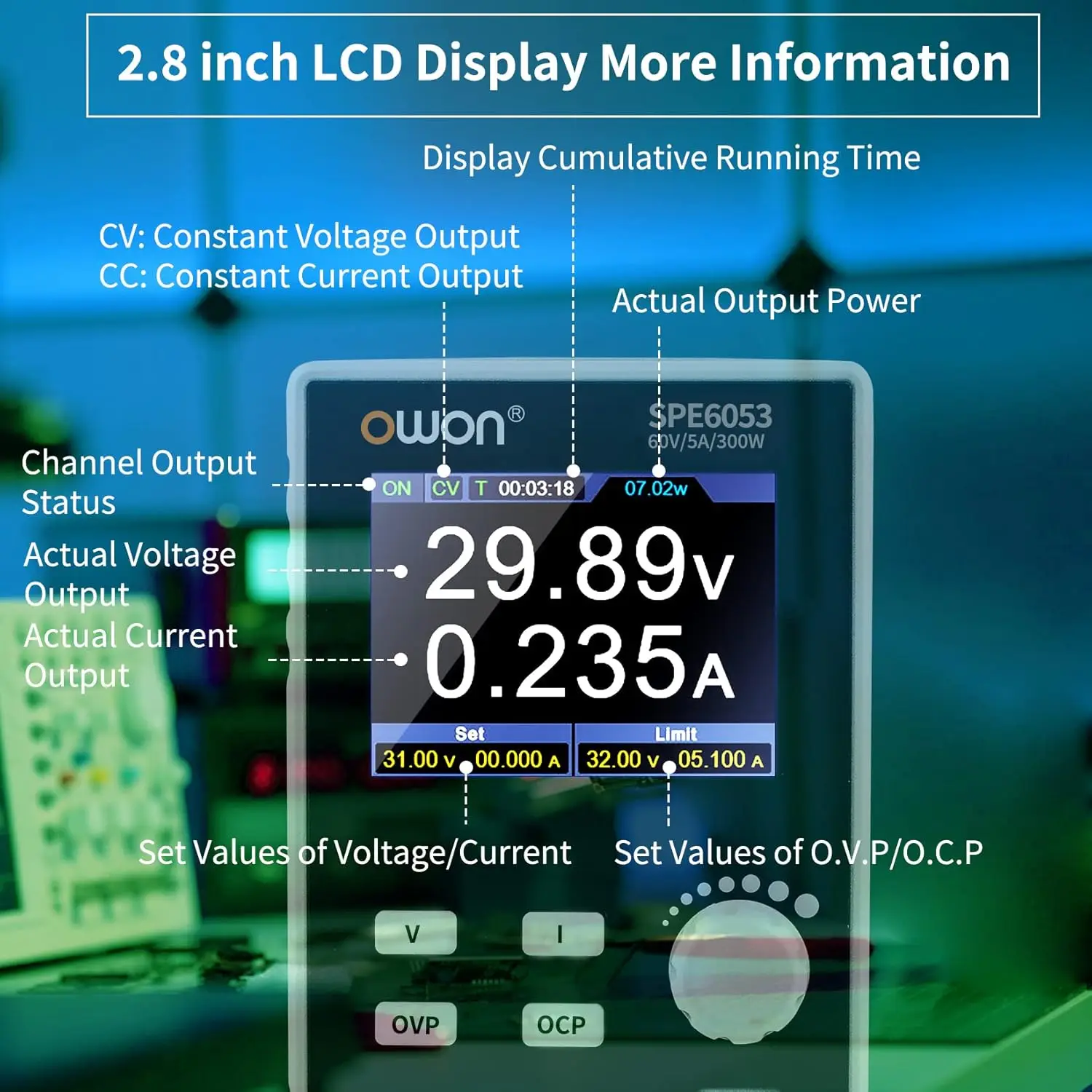 OWON 프로그래밍 가능 DC 전원 공급 장치, SPE6053 공급 300W 60V 5A 2.8인치 LCD 10mV/1mA, 해상도, 디지털 전압, 레귤레이터 스위치