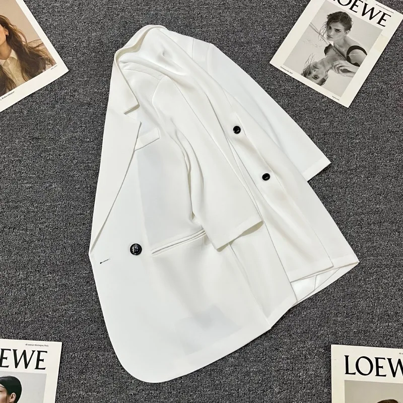 White Pink 3/4 Sleeve Thin Blazer for Women Summer Korean Office Ladies Oversized Casaul Suits Coats Chic Single Breasted Jacket single button women blazer summer coats plus size xxxl 4xl three quarter sleeve thin office lady blazers kkfy5618