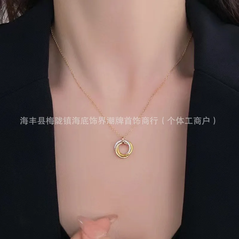 Three Color Three Ring Necklace, Classic Interlocking Pendant, Trendy High Version, Unisex Couple Collarbone Chain