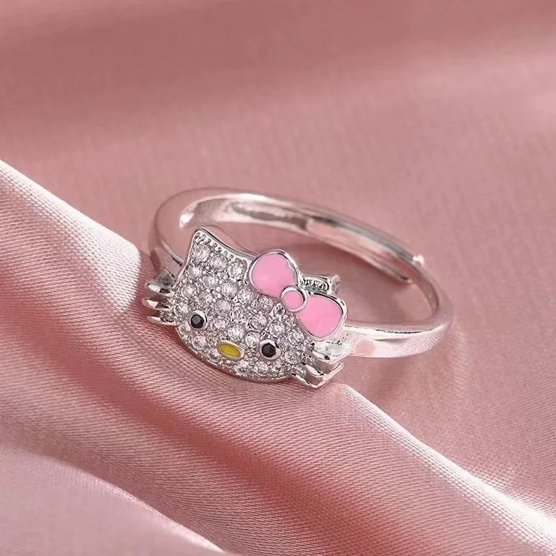 Sanrio Ring Kawaii Hellokitty Necklace Ins Silver Plated Full Diamond Kt Cat Head Adjustable Ring Fashion Necklace Girls Jewelry