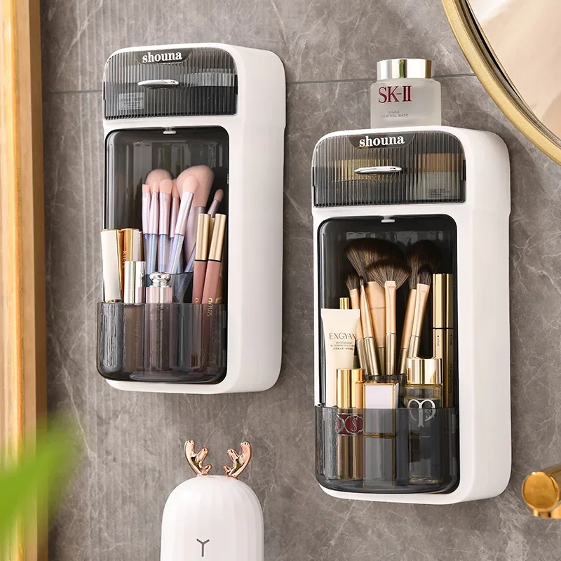 Rotating makeup storage tube dressing table wall mounted storage box lipstick, eyebrow pencil dust-proof compartment shelf 4