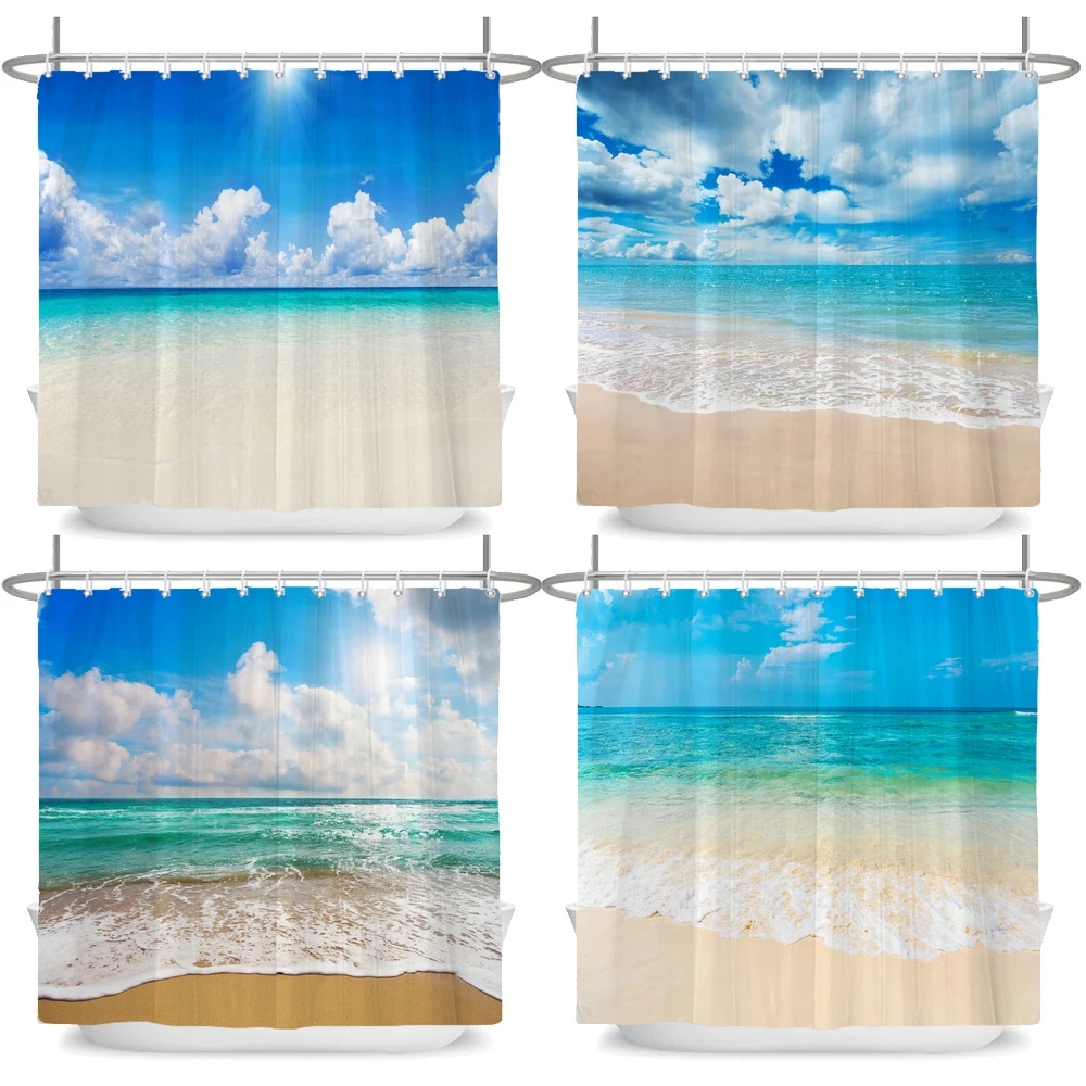 OceanShowerCurtainPrintedTropicalSeascapeBrightSunshineSunny