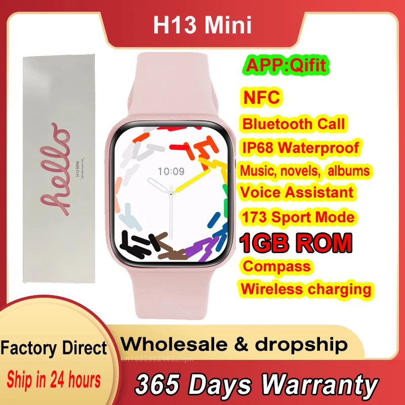 여성용 오리지널 H13 미니 스마트 워치, 블루투스 통화, 나침반 음악, NFC 시리즈, 헬로 3 미니 스마트워치 앨범, 1GB ROM, 1.75 인치, 41mm