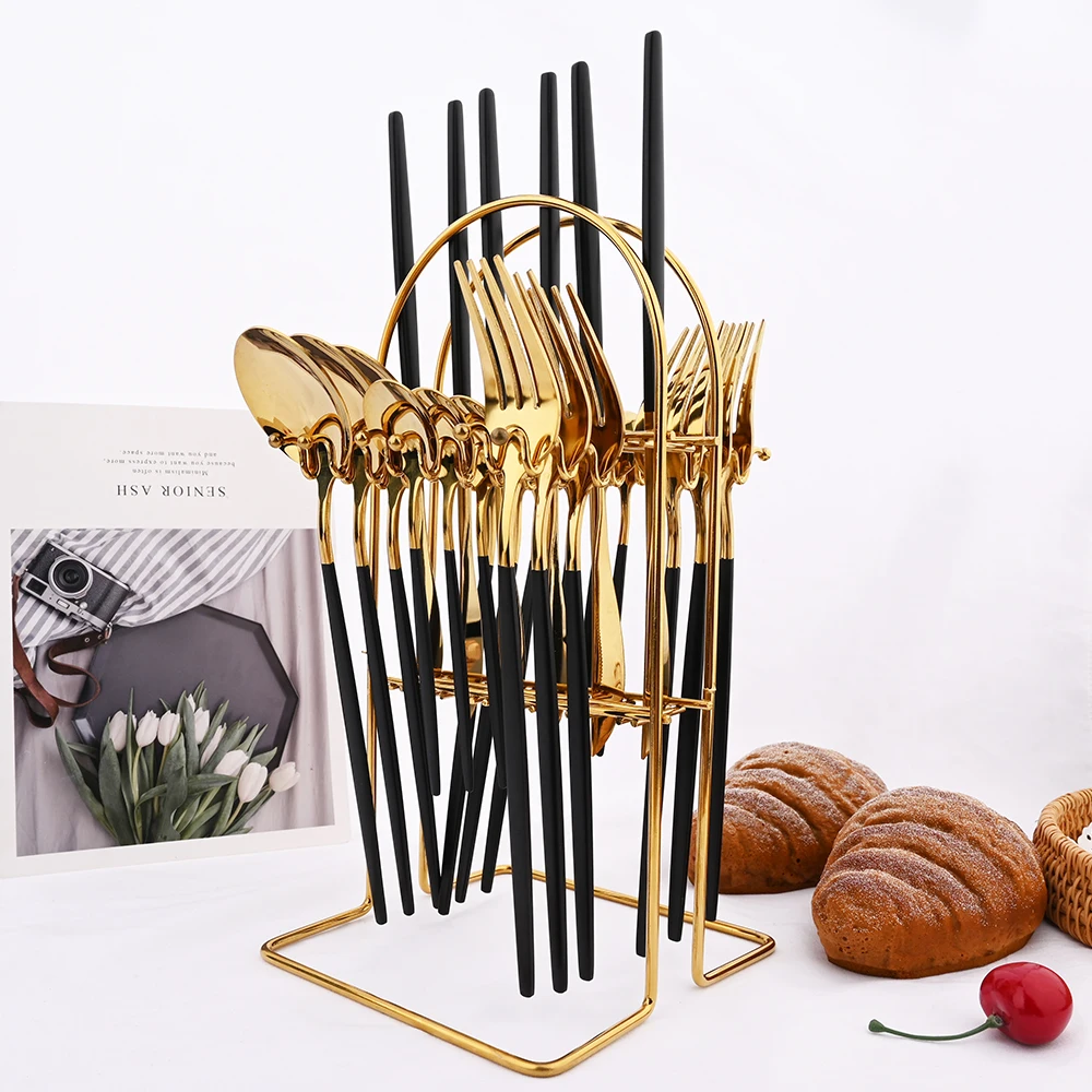 Stainless Steel Cutlery Set 24pcs Black Gold Dinnerware Set Kitchen Fork Knife Spoon Tableware Flatware Silverware