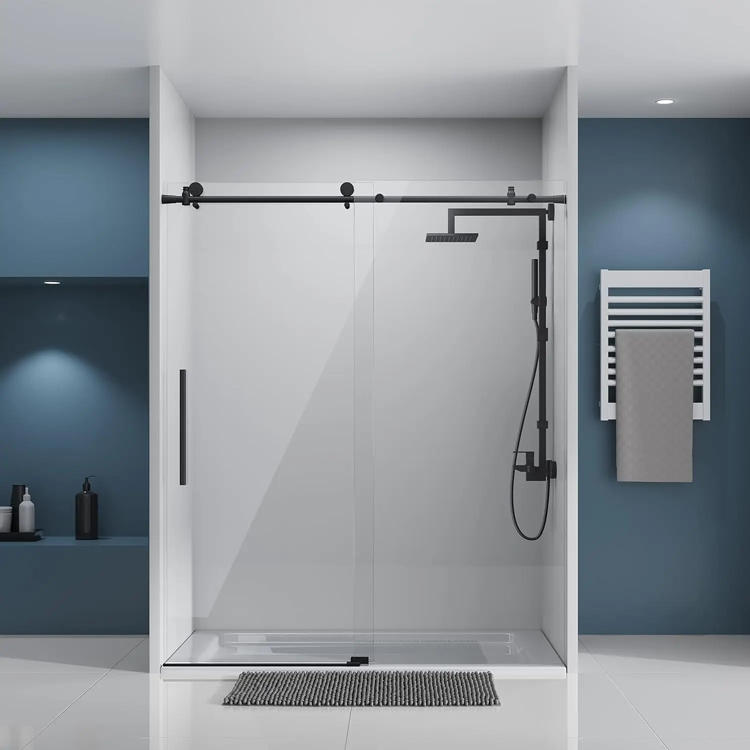 Frameless Sliding Shower Door Glass Door with Clear Tempered Glass Explosion Proof Film Stainless Steel Hardware Matte Black 2
