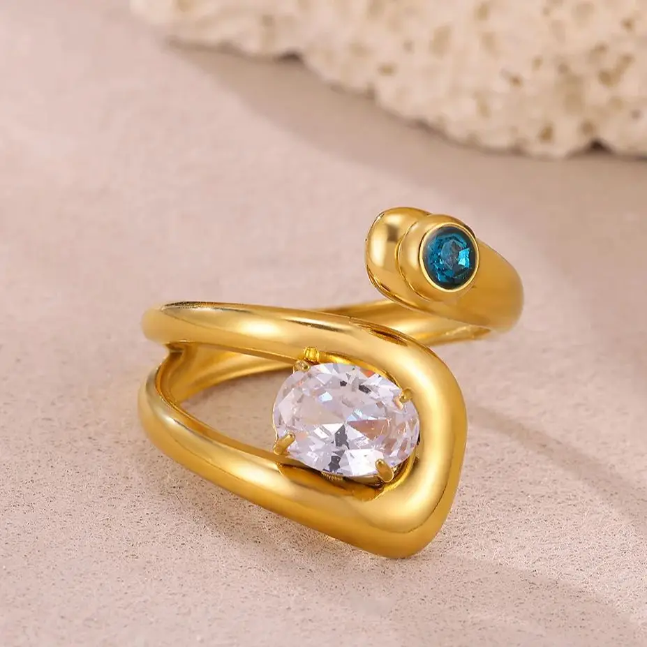 Zircon Snake-Shape Rings 18K Gold Plated Stainless Steel Geometric for Women