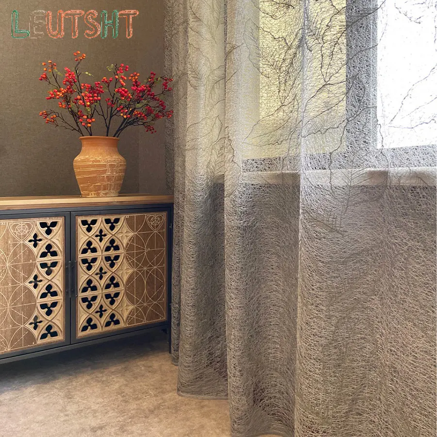 High-Grade Gold Leaf Bird's Nest Hollow Jacquard Sheer Curtains for Living Room Bedroom Luxury Gray Delicate Tulle Home Decor 6