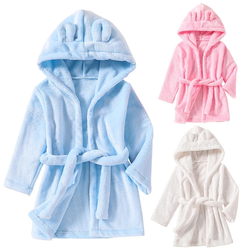 Winter Kids Sleepwear Flannel Warm Hooded Bathrobe Children Solid Color Plush Pajamas Long Sleeve Robe Clothes 2-7Y