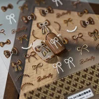 Vintage Bowknot Brown Love Heart Checkered Pattern 5D Embossed Reliefs Self Adhesive Nail Art Sticker Manicure Decals 2