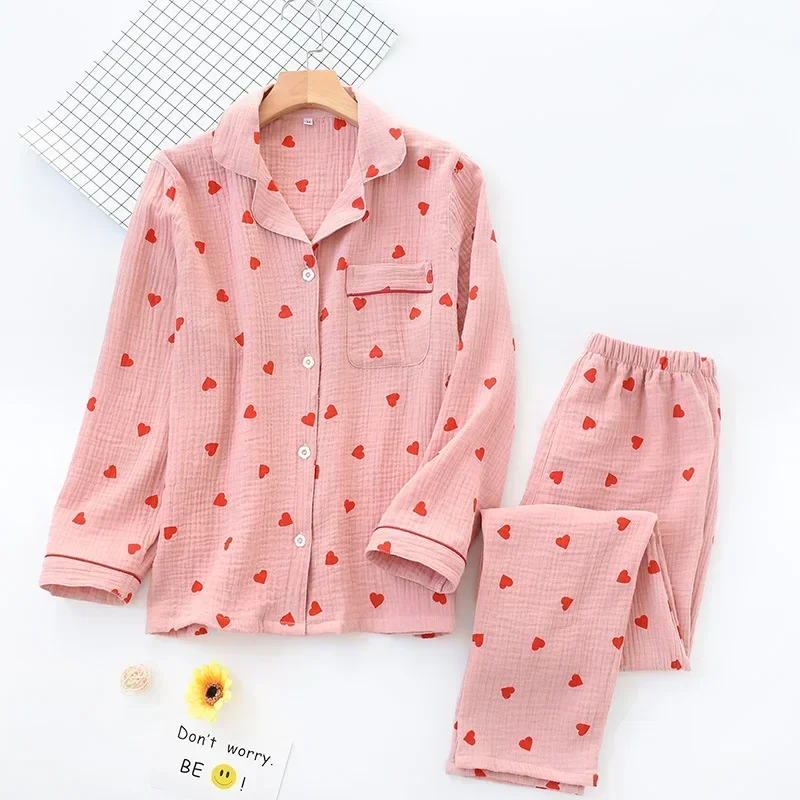Women Trousers Pajama Set Cotton Sleepwear Clothes for Spring and Autumn Home Clothing Smal Heart Printing Pink White Colors women pajamas set,women pajama suit,cotton pajamas set