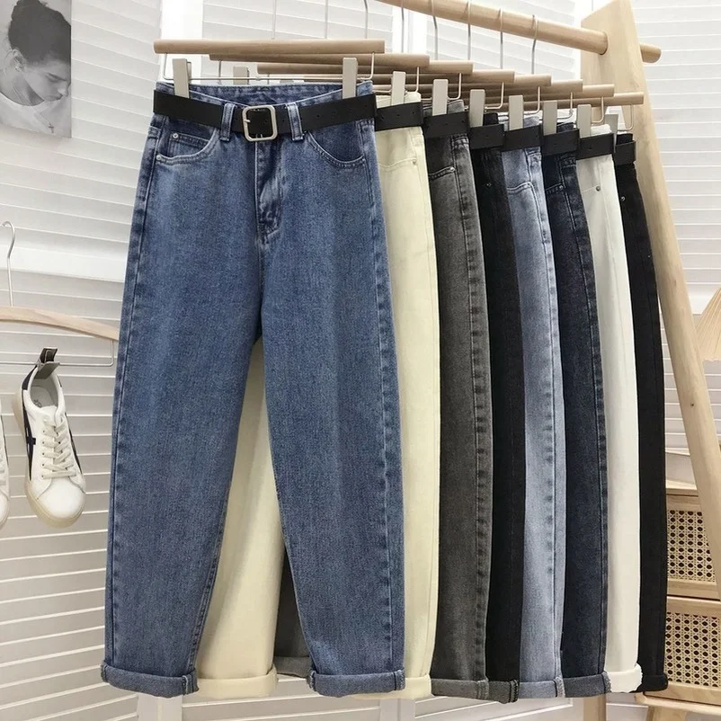 

Straight Jeans For Women With Belt Basic Blue Ankle-length High Waisted Vintage Denim Pants Boyfriend Gray Jeans Korean Clothes