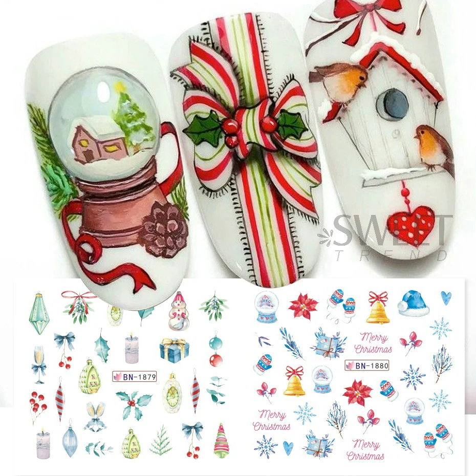 12pcs Merry Christmas Water Nail Sticker Gonk Elk Cookies Snowflake Celebration Ball Sliders Winter New Year Manicure Decor Foil