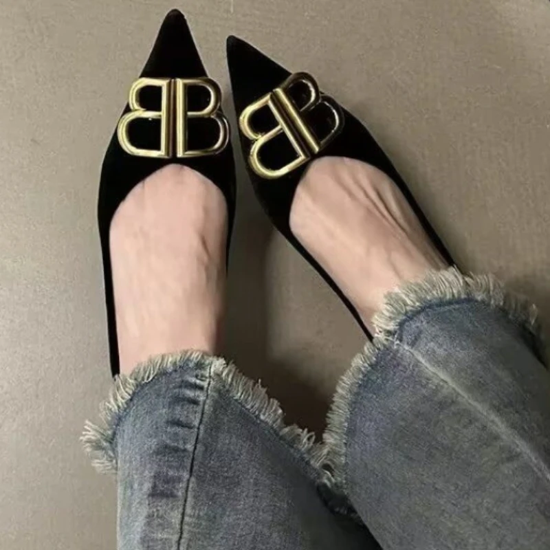 New 2025 women's spring fashion big brand metal letter pointed shallow mouth modify foot shape flat heel single shoes 5